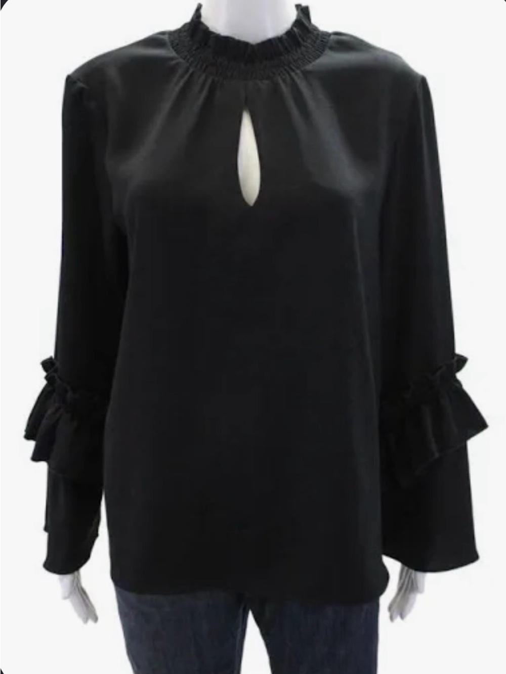 Drew Black Ruffle-Neck Keyhole Blouse - Women Tops - Picture 1 of 10